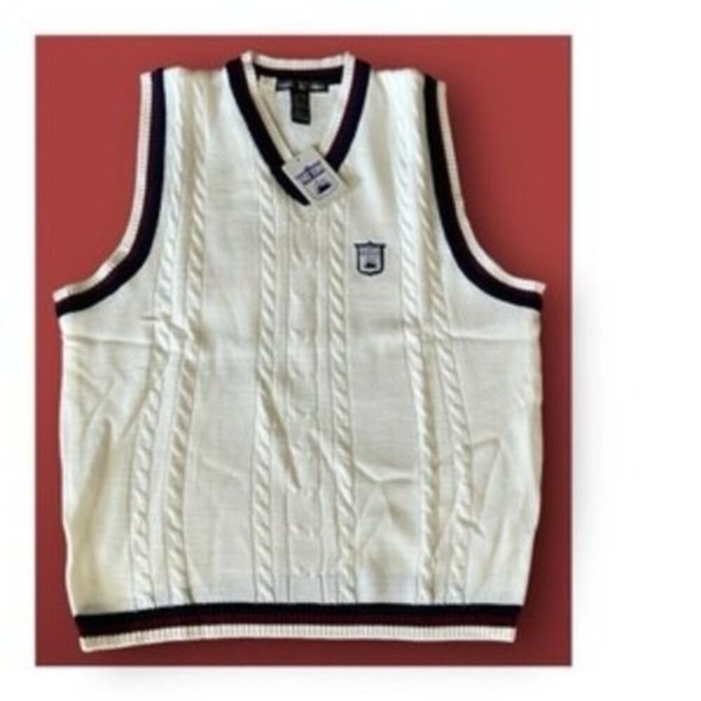 Cream Cable Knit Sweater Vest Mens XL V-Neck Sleeveless Crest Striped Trim